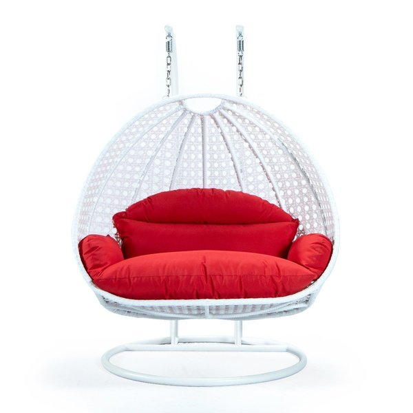 Leisuremod White Wicker Hanging 2 person Egg Swing Chair with Red Cushions ESCW-57R